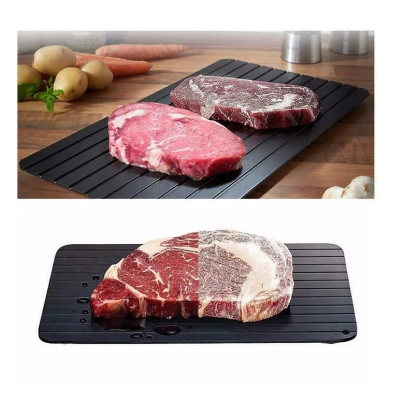 Black rectangular aluminium fast defrost tray for thawing frozen meat and fish