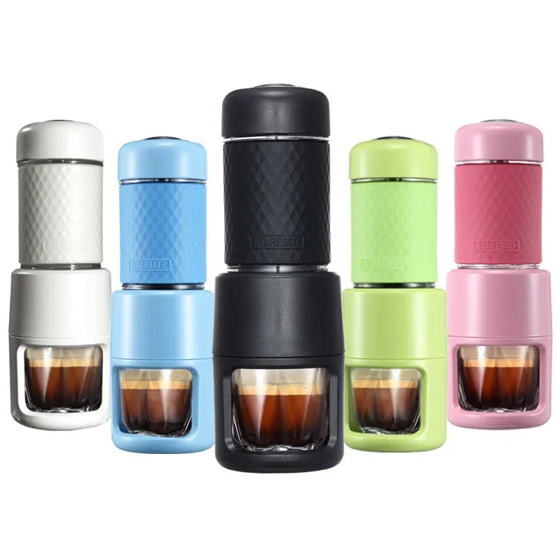Compact stainless steel portable manual espresso coffee machine in black colour