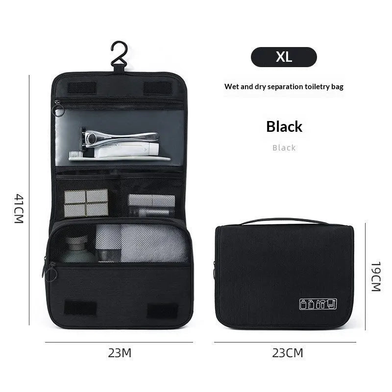 Cube-shaped cationic hanging toiletry bag in gray with metal hook, matte finish, and dry-wet separation compartments