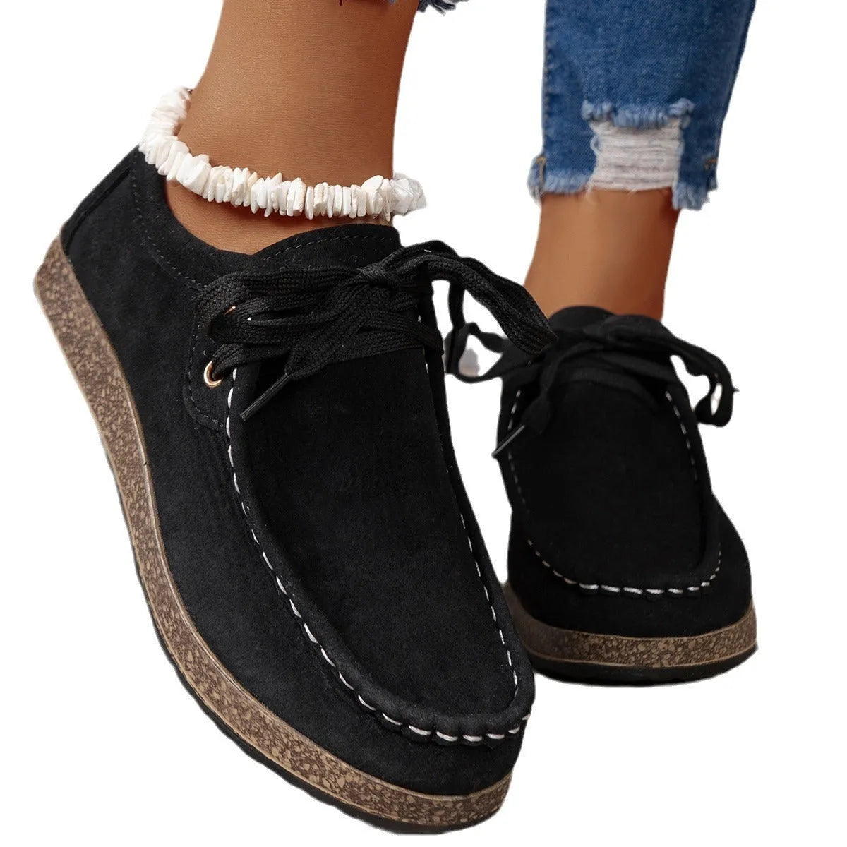Solid colour black front lace-up round toe PU leisure shoes for women, flat thin sole