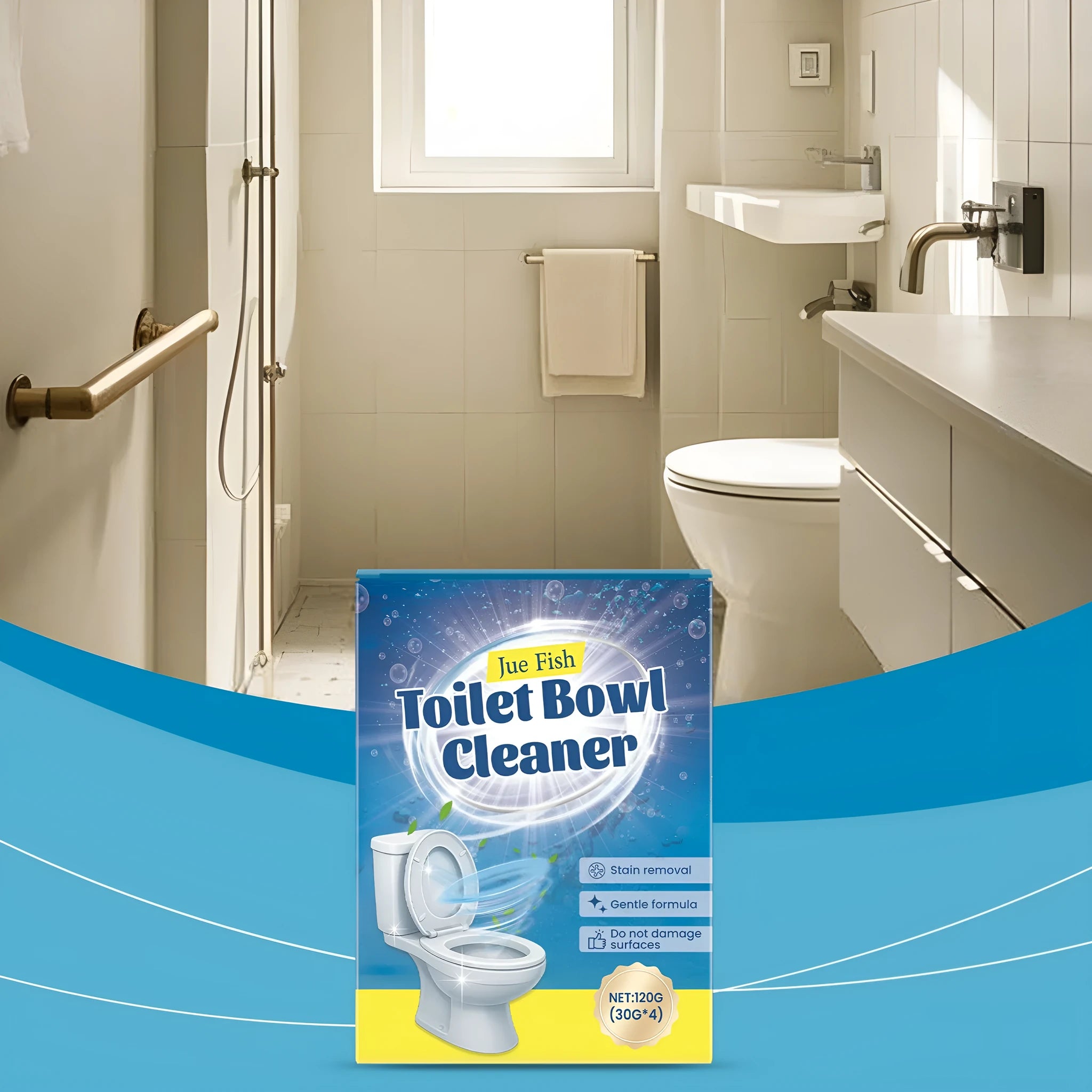 Toilet cleaning powder pack showing four individual 30g sachets for descaling and stain removal.