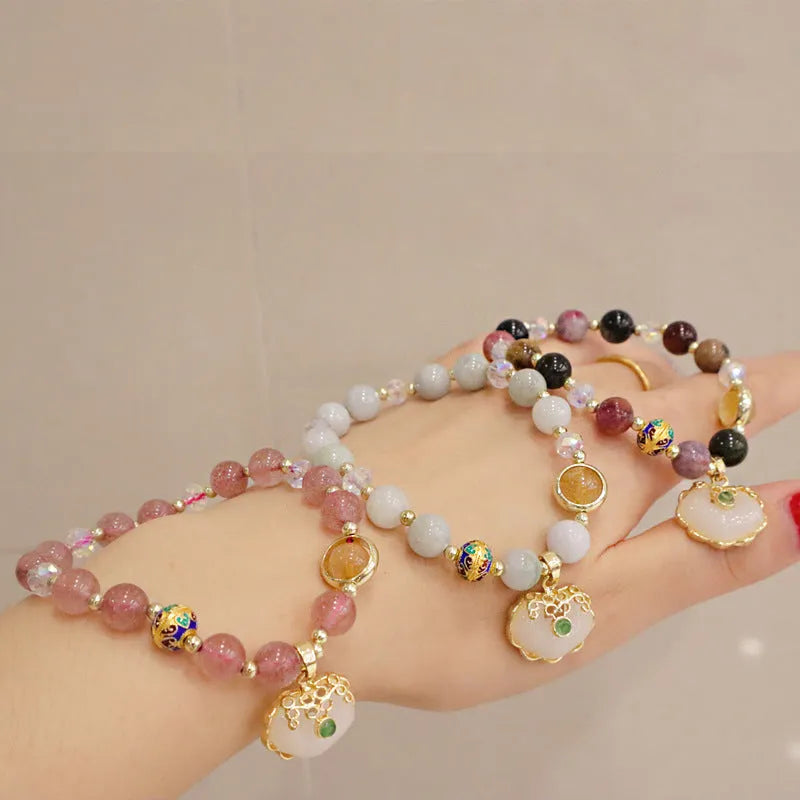 Women's geometric bracelet with grey jade and strawberry quartz options featuring three-dimensional metal ethnic decoration