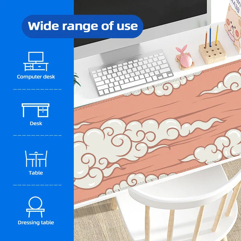 Large cloud pattern desk mat made of natural rubber on a wooden desk.