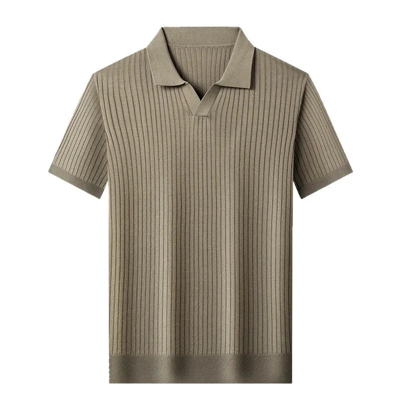 Man wearing a striped mulberry silk T-shirt with a lapel collar in a neutral colour.