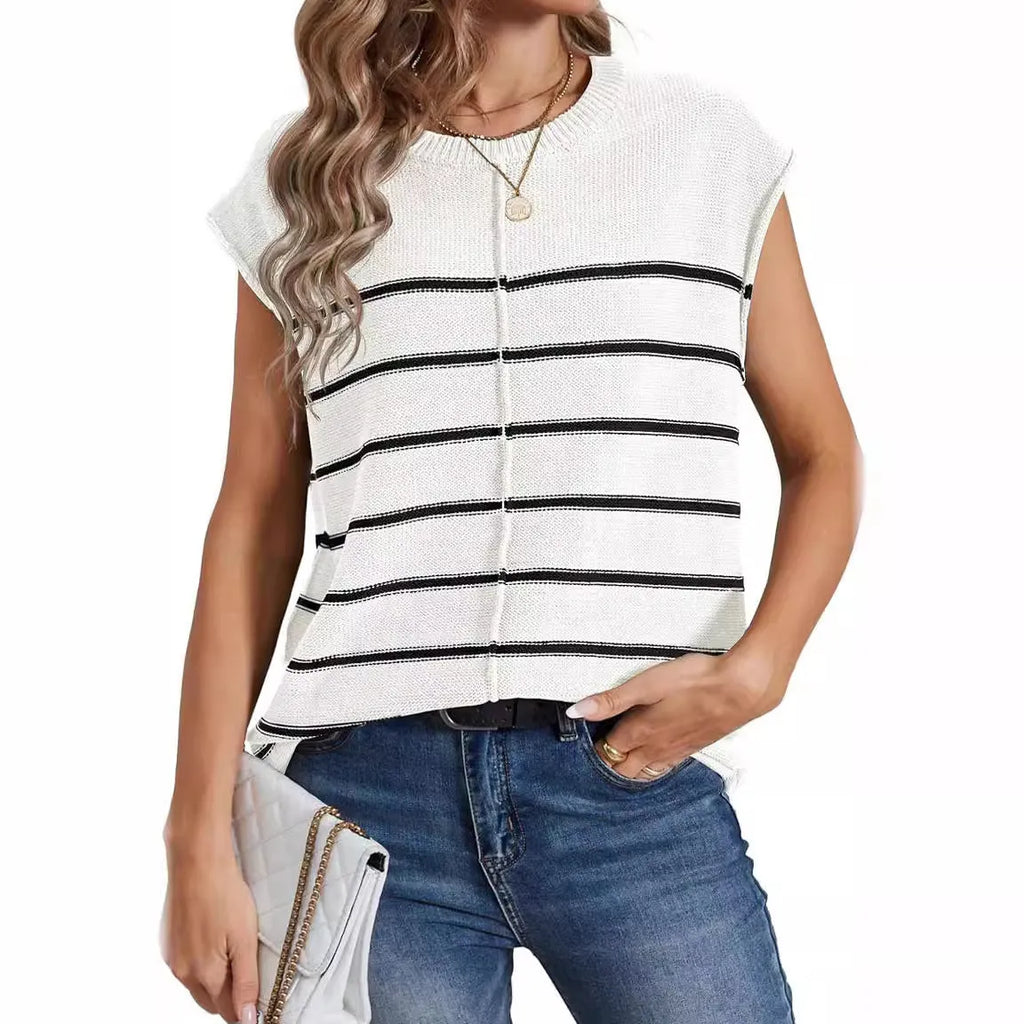 Women's striped sleeveless pullover top in acrylic fabric with bone stitching detail.