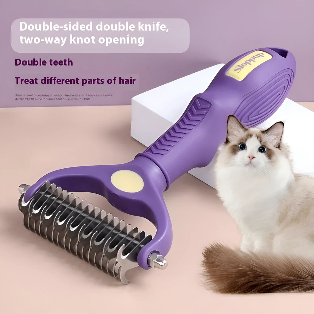 Purple plastic double-sided pet comb for dogs with knot removal and fine deshedding teeth.