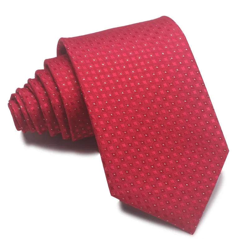 8cm wide red, black and blue striped polyester jacquard men's business tie.