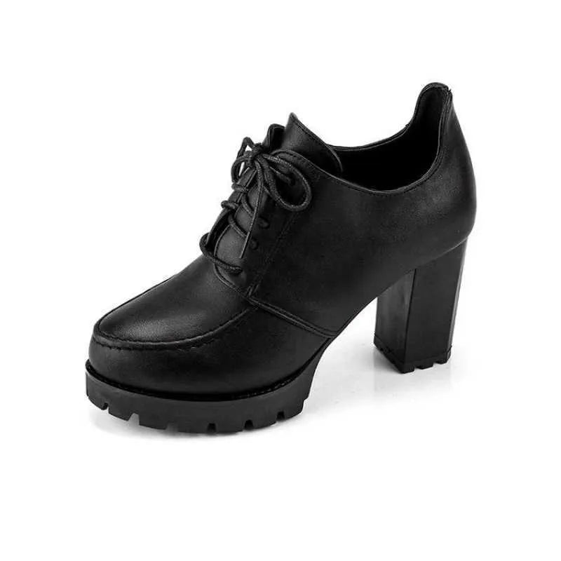 Women's black platform boots with thick heel, PU upper, lace-up front, and round toe