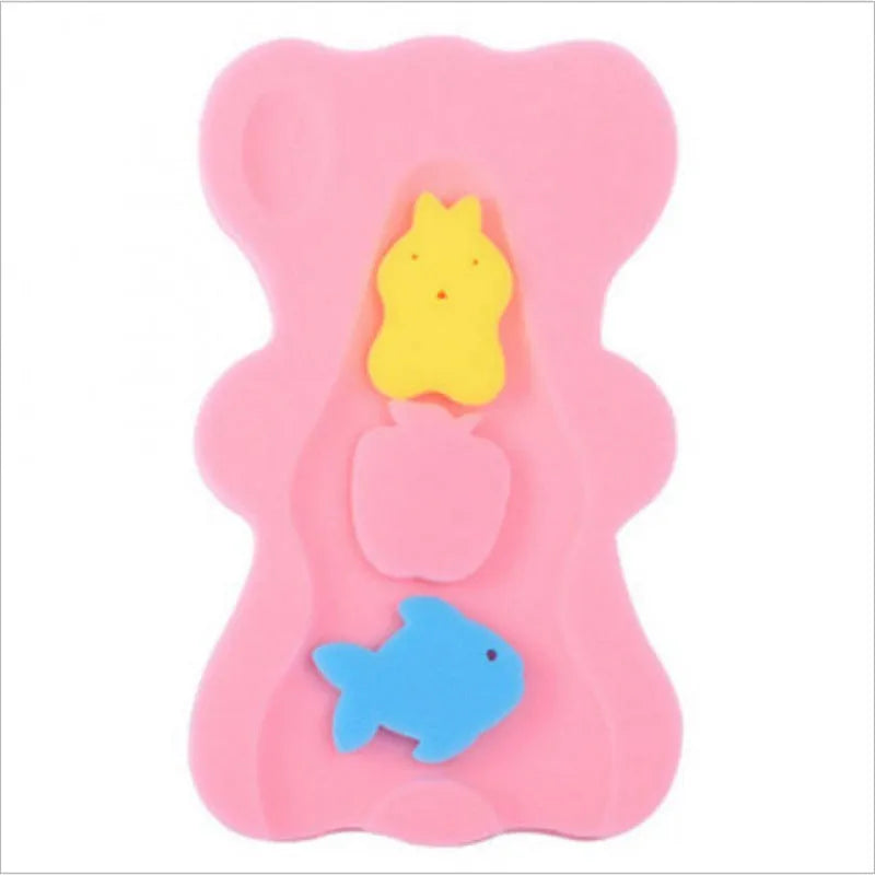 Yellow baby bath mat made of polyurethane sponge, 4.7 cm thick, on white background