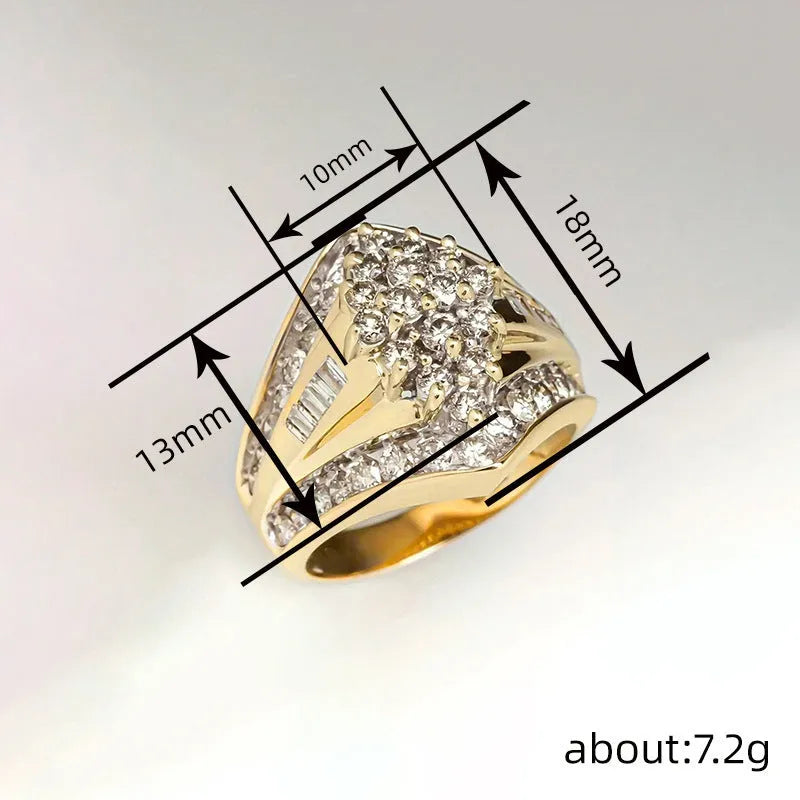 Geometric gold-coloured palace style fashion ring on a plain background, showing its angular design.