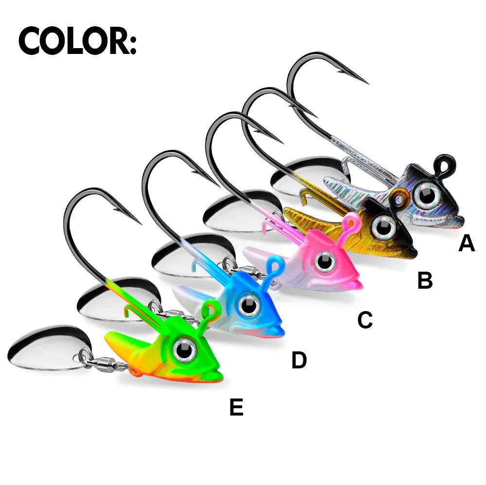 Lead jig hook soft fish counterweight in 7.5g, 10.5g, and 15g, shown in gray Starlight, yellow black, pink, blue, and green