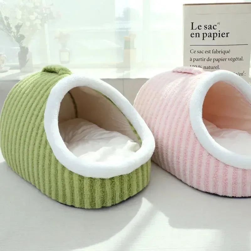 Thickened 3D dog cat bed with removable sponge in striped fabric, blue colour option