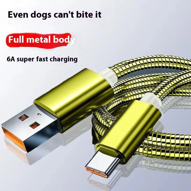 Stainless steel spring data cable cover in black or local gold, for Lightning Micro USB Type-C, 1m to 2m.
