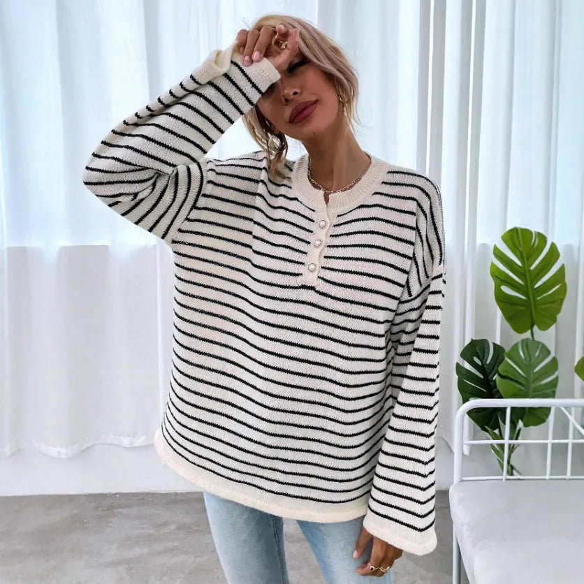 Black striped women's casual top with drop-shoulder sleeves made from viscose fibre knitted fabric