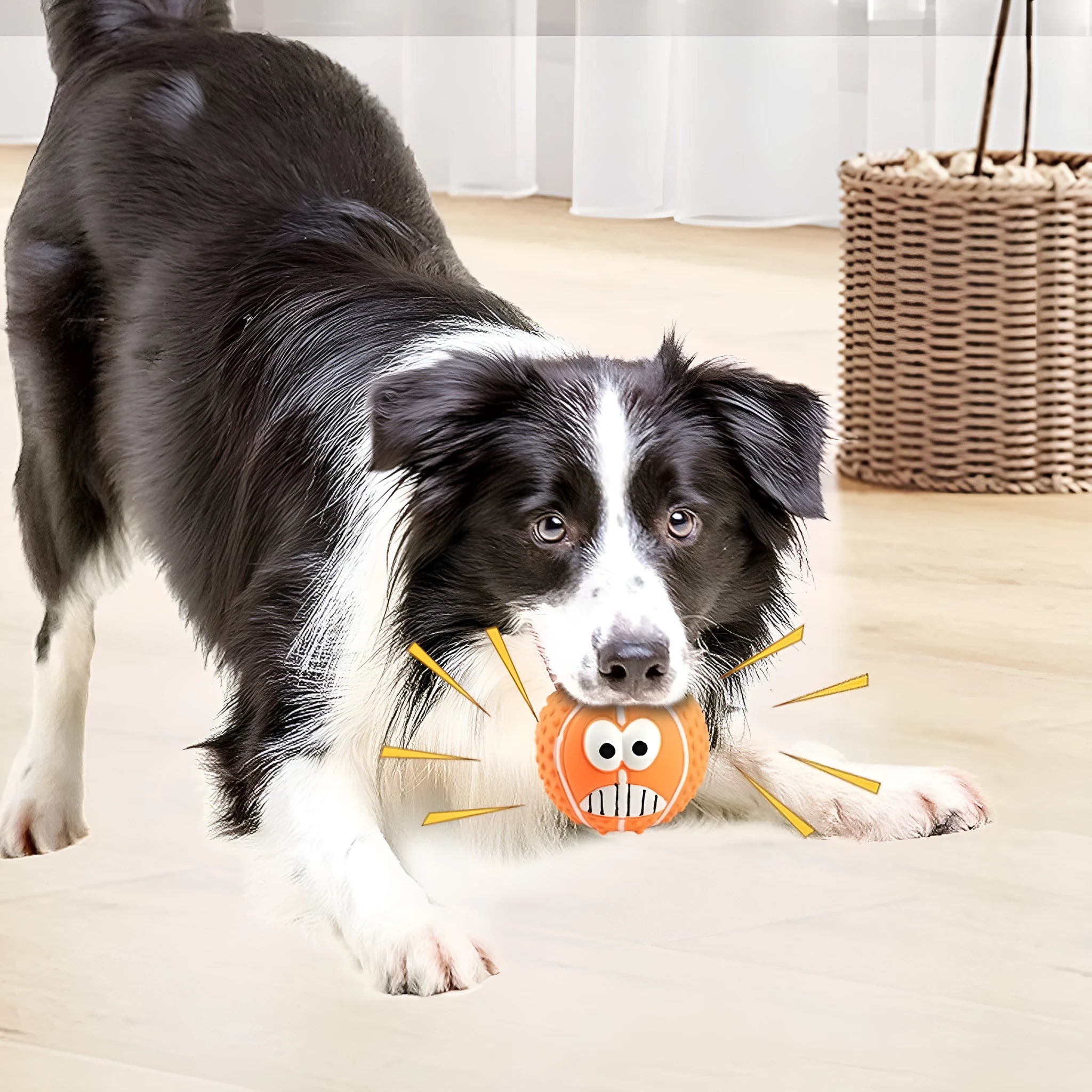 Green latex dog ball with a smiley face and squeaker for fetch games.