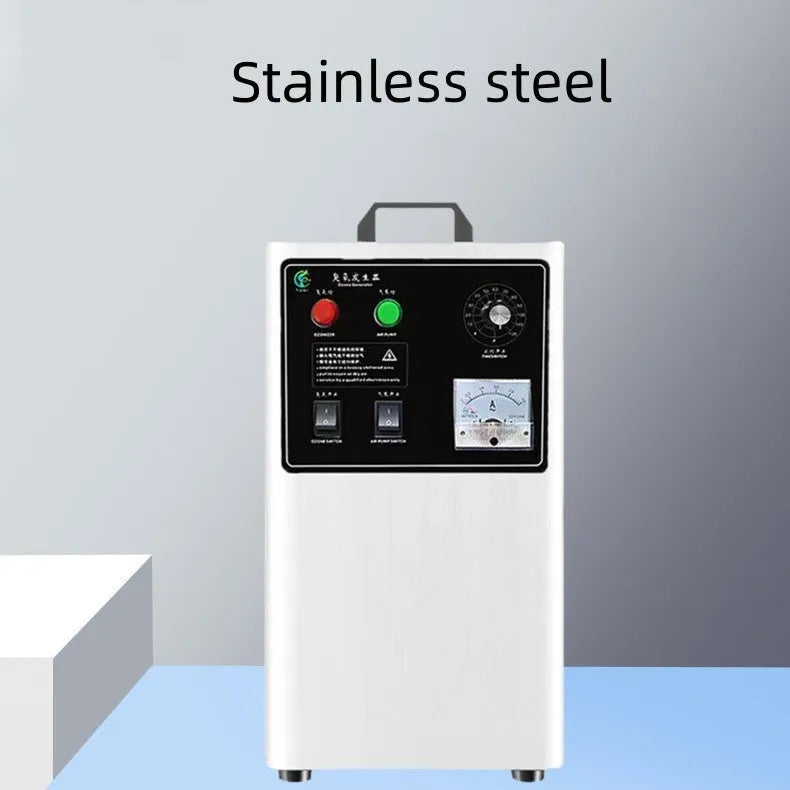 Portable ozone generator for treating fruits and vegetables, in white or stainless steel finish, with 20g per hour output.