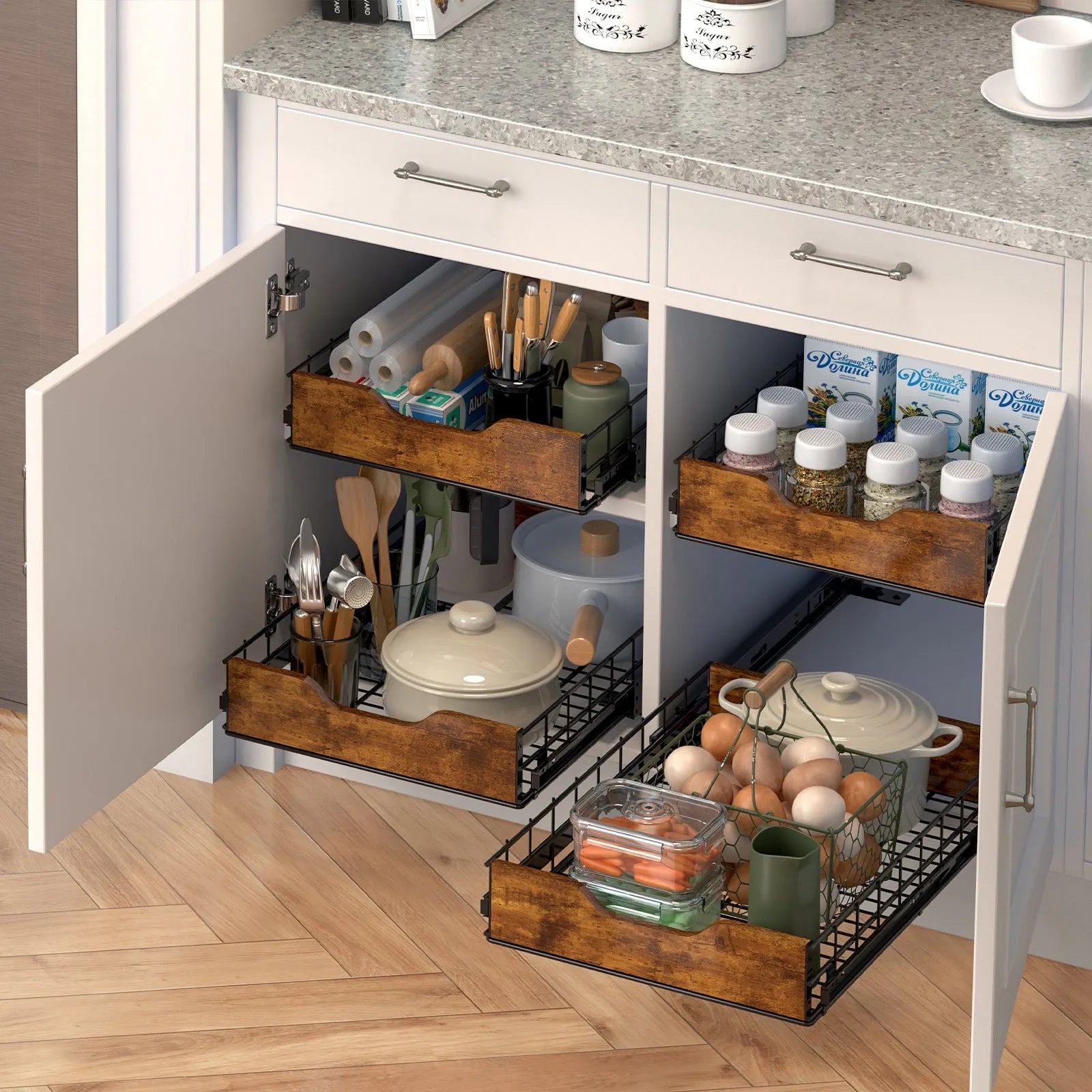 Black three-tier wooden basket storage drawer unit with iron frame on a kitchen countertop.
