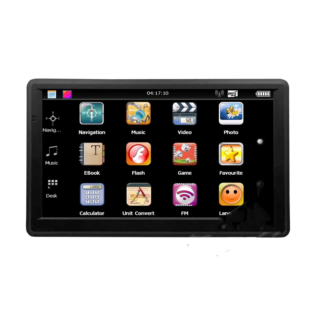 7 inch portable car GPS navigation device on dashboard with bracket and car charger