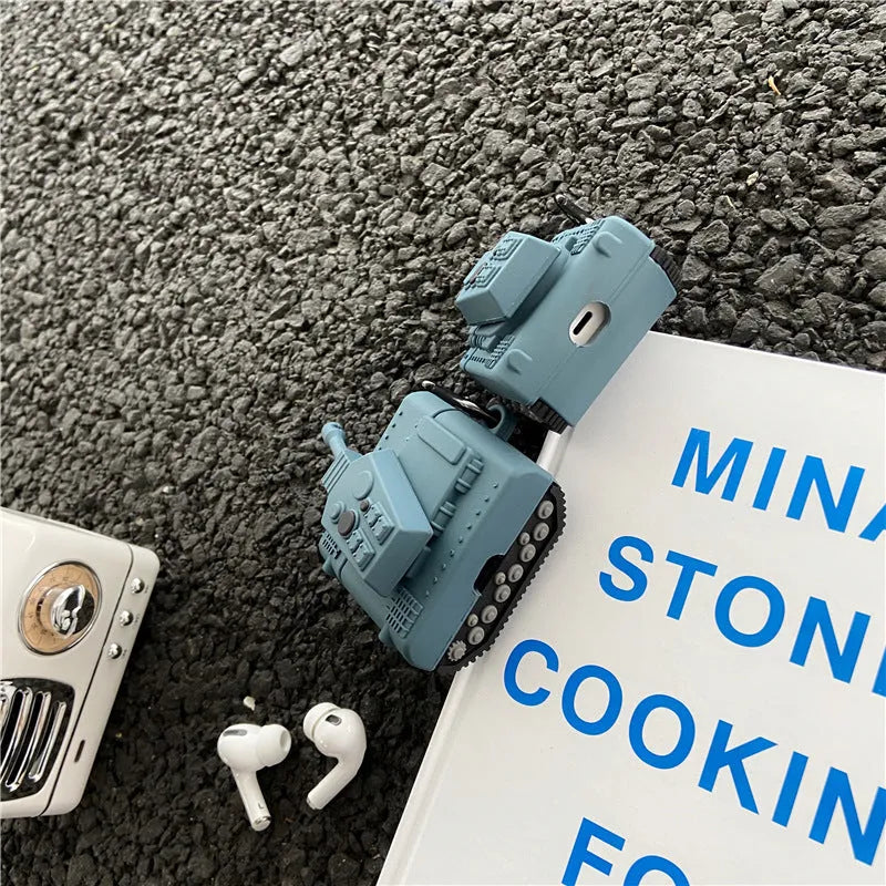 Silicone earphone box clamshell case with tank design and hook, compatible with AirPods models