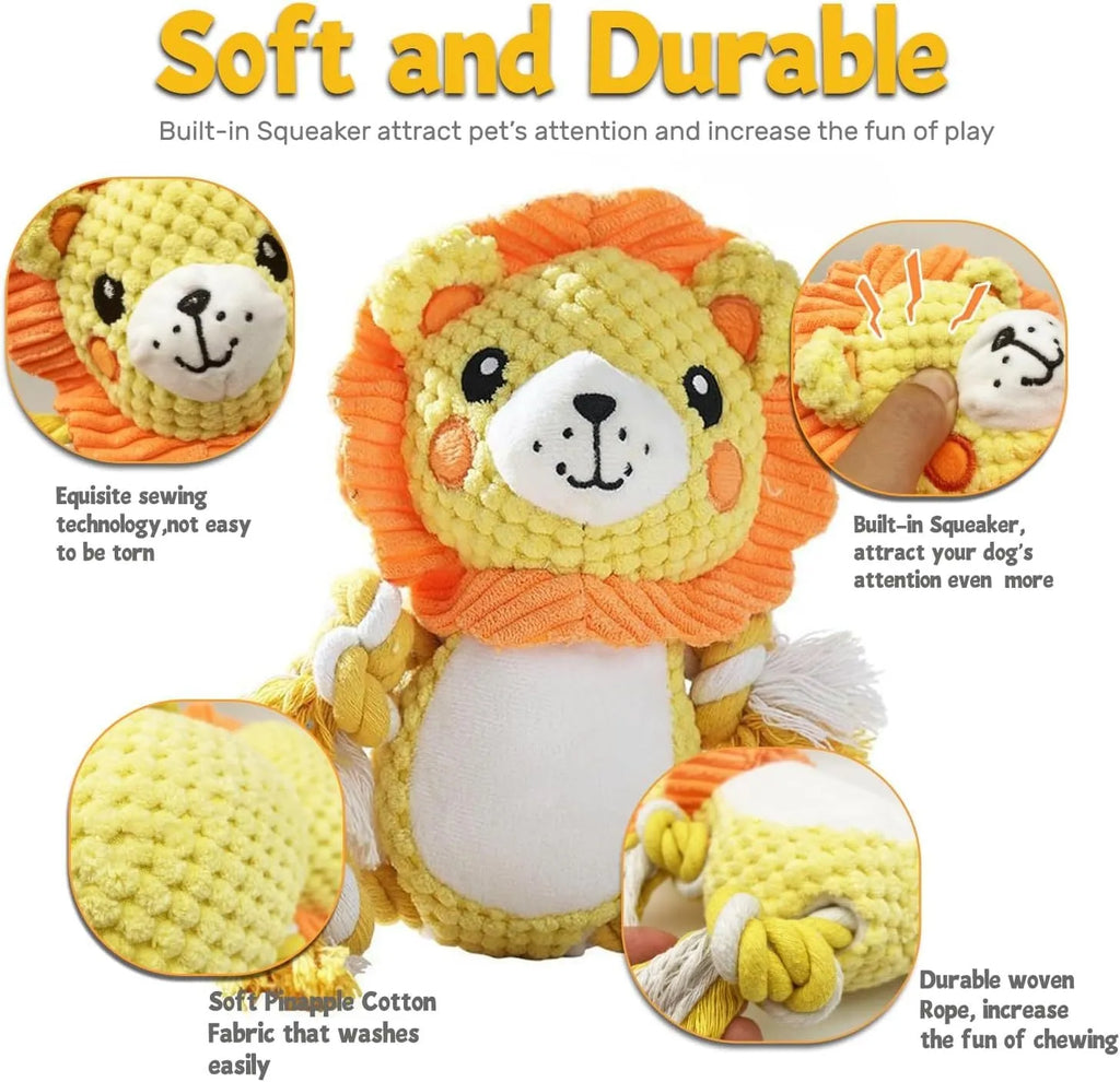 Lion and monkey stuffed squeaky plush dog toys for medium and large breed dogs.