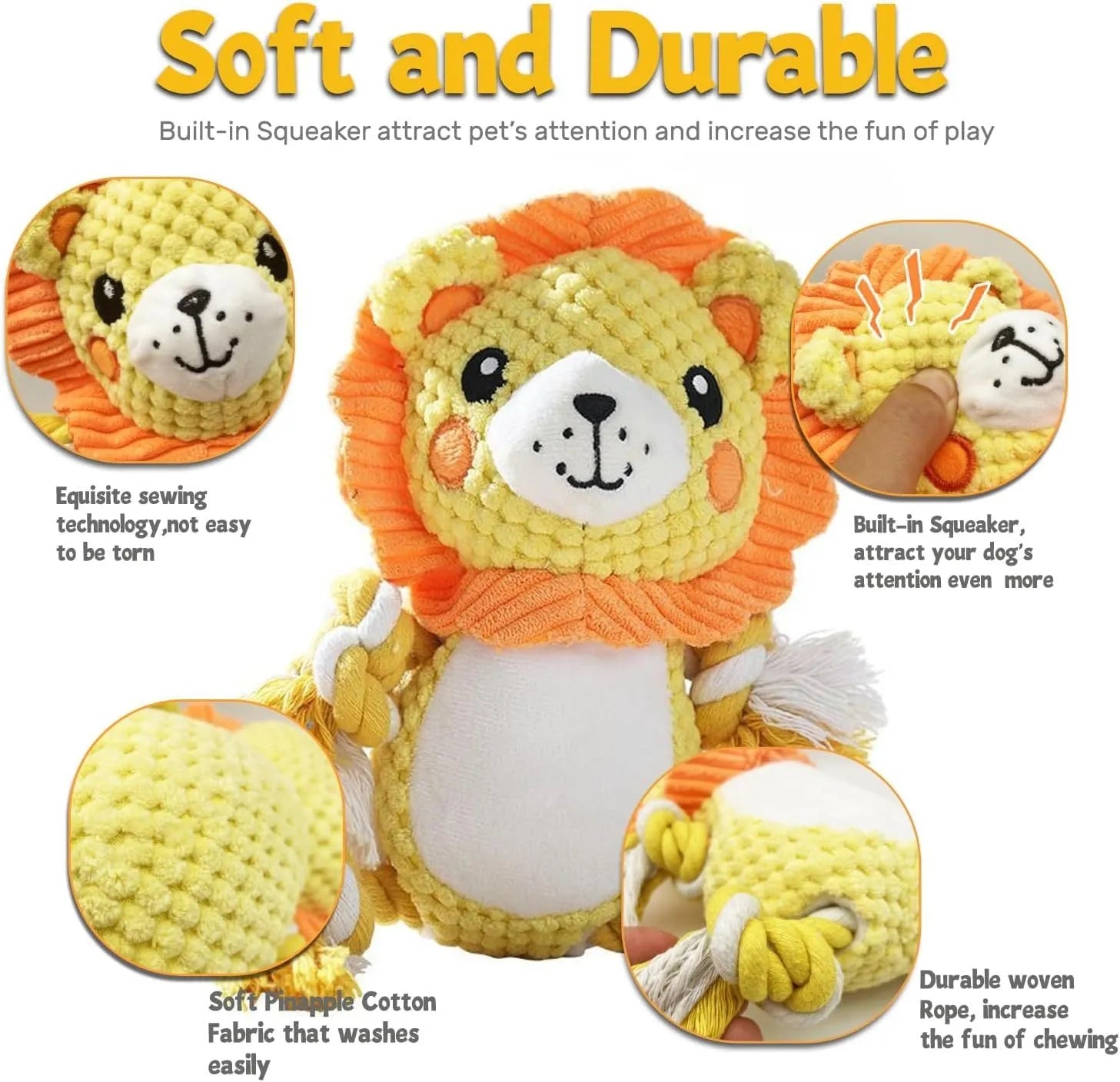 Lion and monkey stuffed squeaky plush dog toys for medium and large breed dogs.