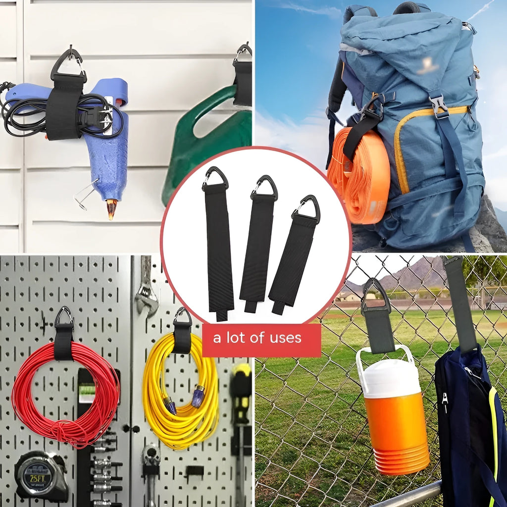 Black adjustable heavy-duty storage strap with gravity climbing button and silver D-ring carabiner hook.