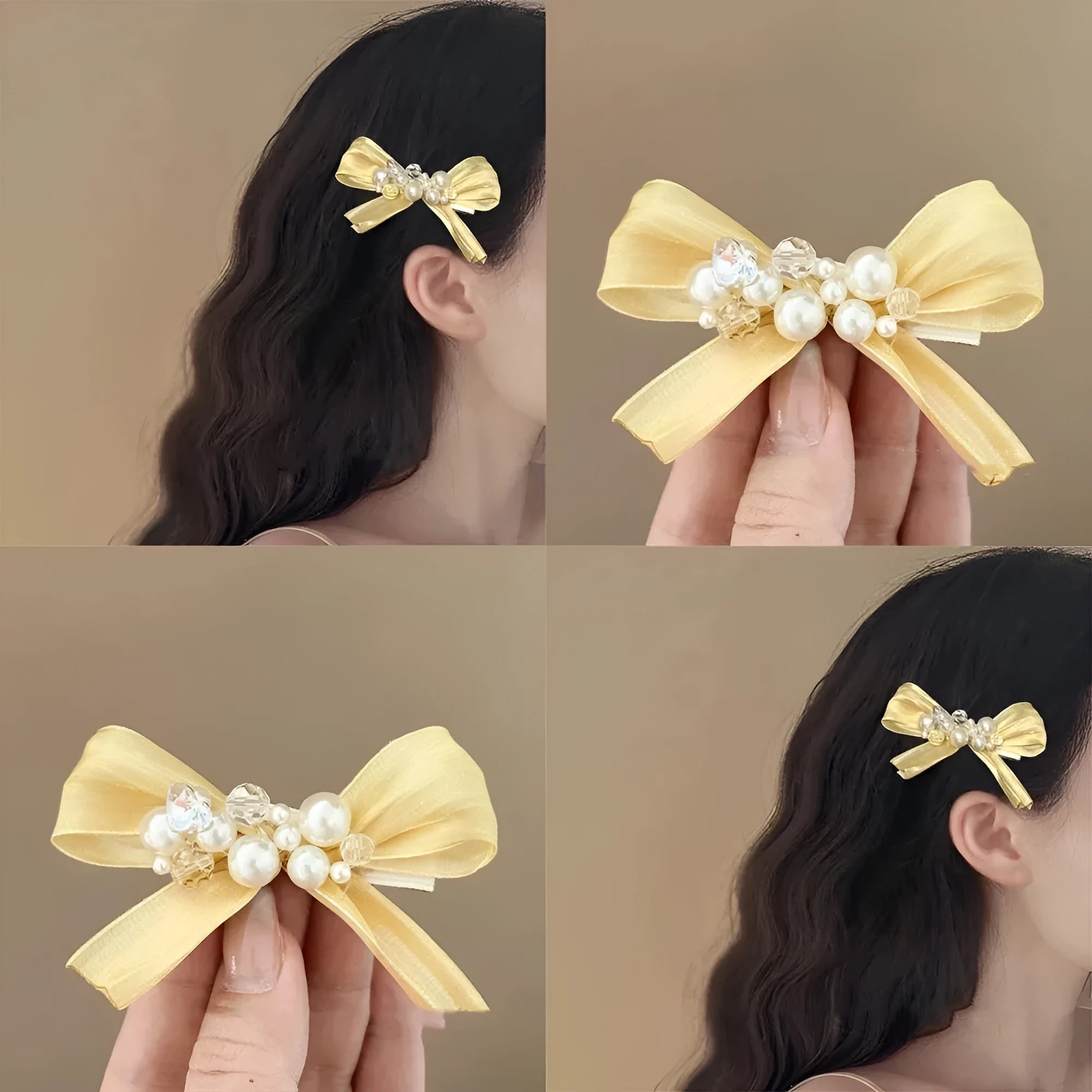 Yellow bow hair barrette with rhinestone and pearl accents on duckbill metal clip
