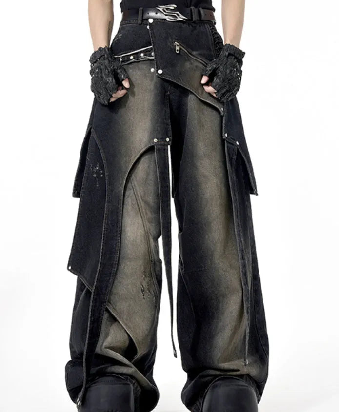 Original Niche deconstruction worn cotton jeans with zipper front in a youthful style