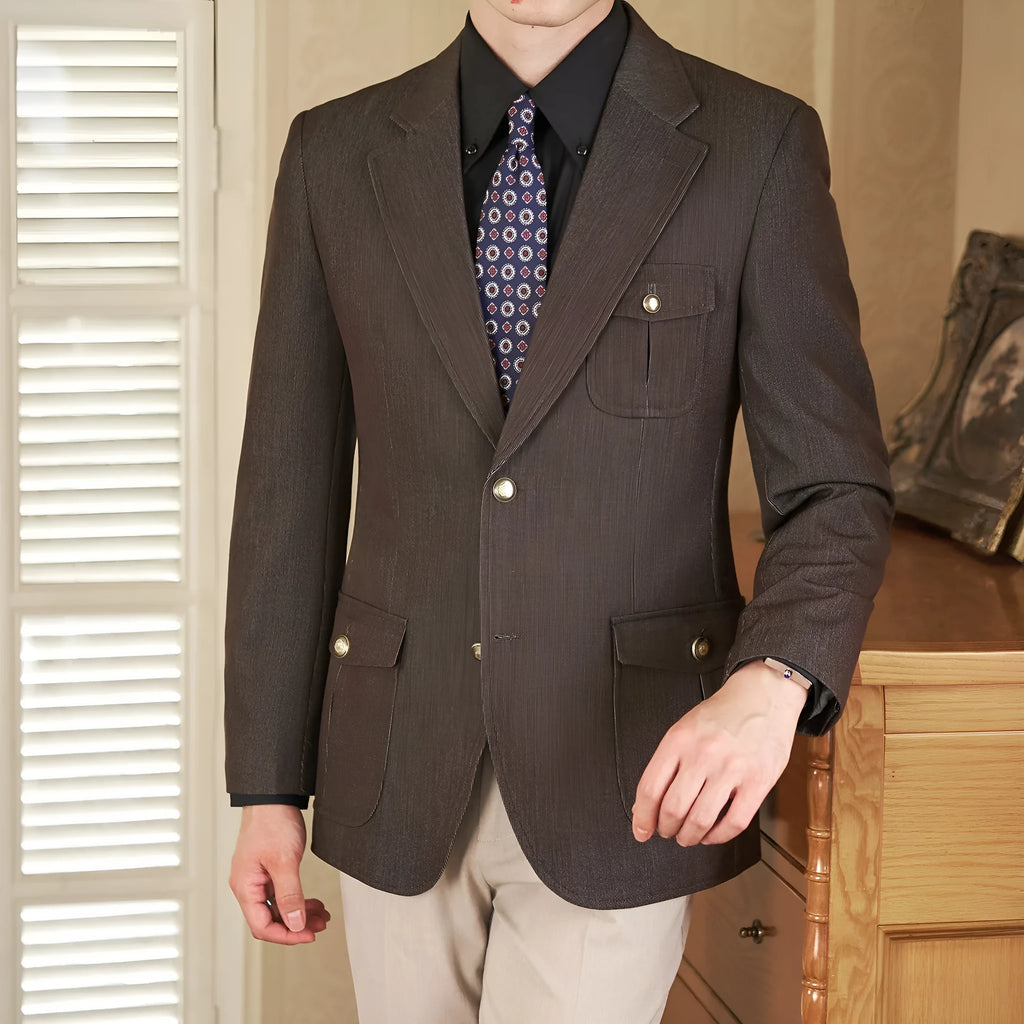 Men's anti-wrinkle easy-care suit jacket in blue polyester viscose blend with flat lapel and double slit back