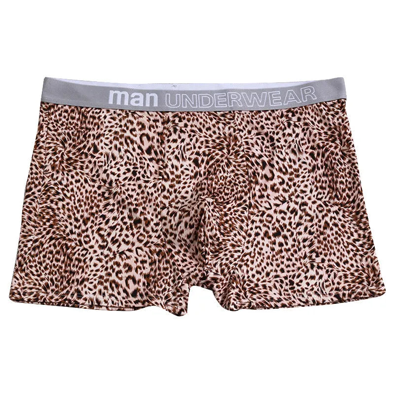 Men's loose fit leopard print underwear in grey and yellow colours on a white background