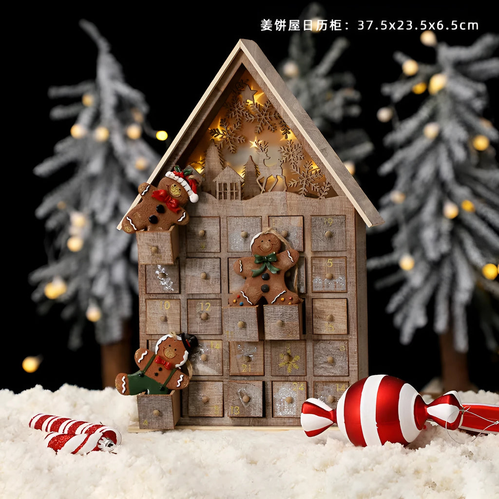 Wooden Christmas calendar with 24 red and green compartments for advent countdown, 37x32x6 cm