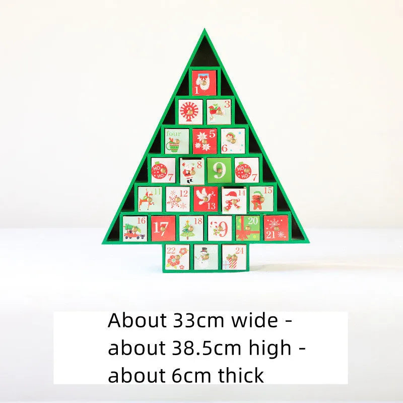 Wooden Christmas calendar with 24 red and green compartments for advent countdown, 37x32x6 cm