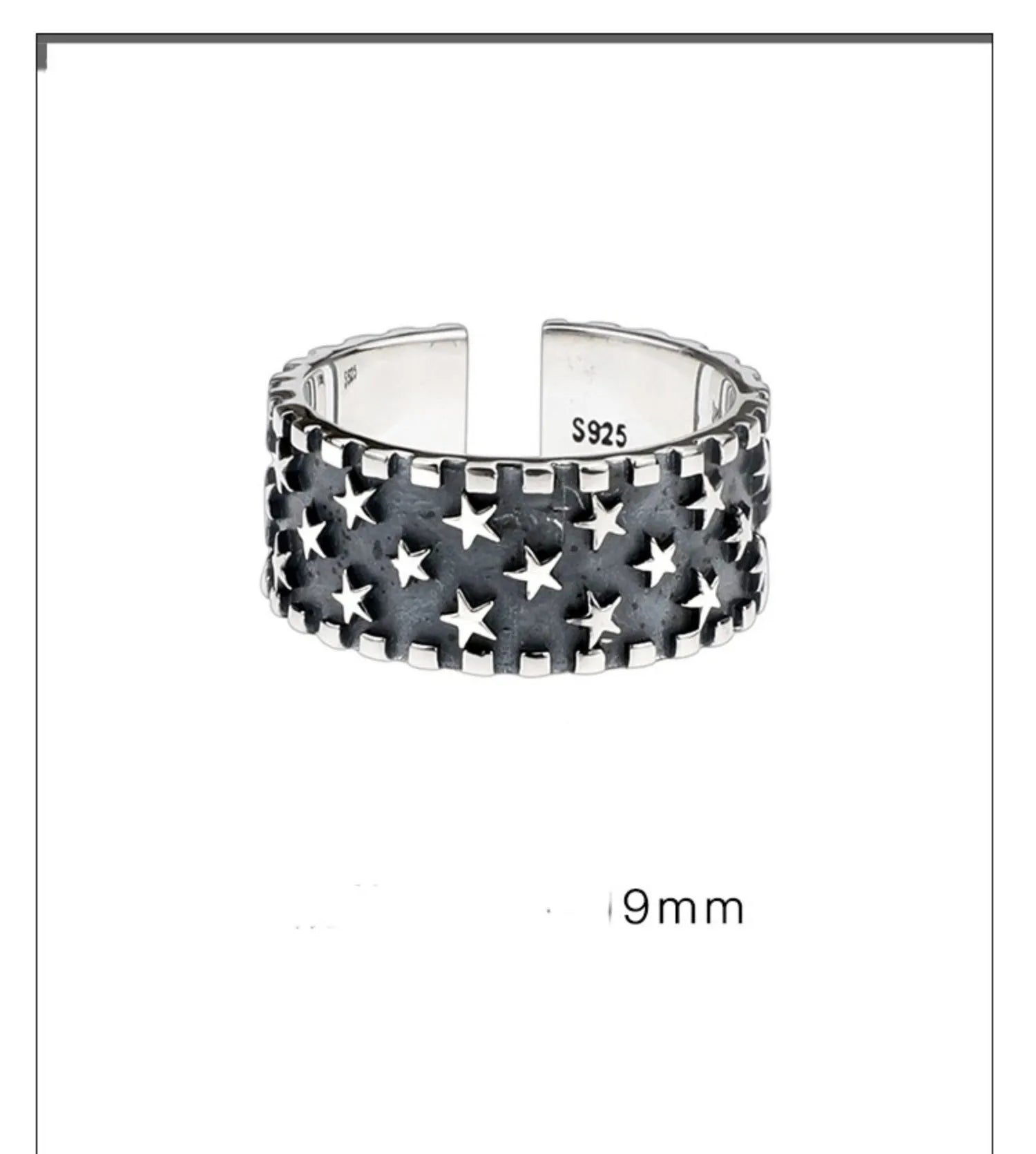 Adjustable sterling silver ring with a geometric pattern of five-pointed stars on the band.