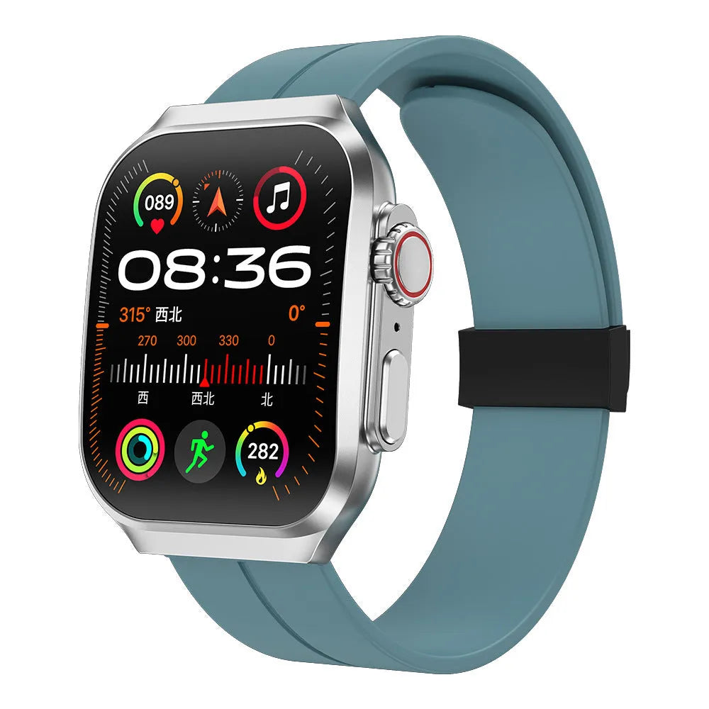 Smart watch with 3D curved AMOLED screen in black, blue, and silver colour options on wrist