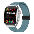 Smart watch with 3D curved AMOLED screen in black, blue, and silver colour options on wrist
