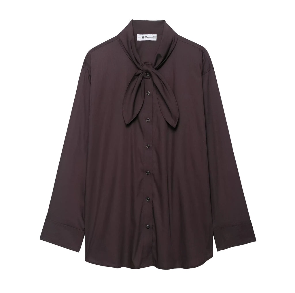 Brown women's poplin shirt with bow tie scarf detail, loose fit design