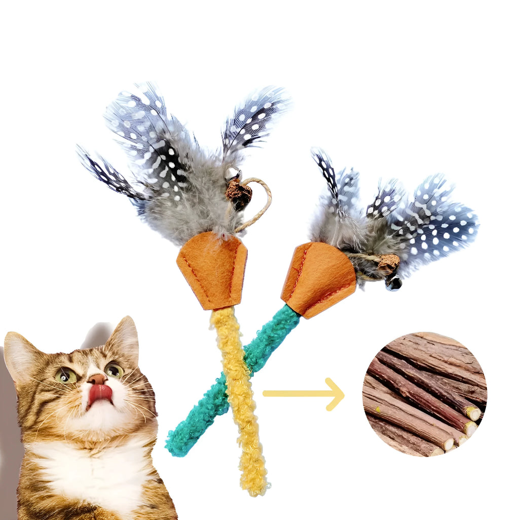 Four polygonum wood cat chew sticks with gall fruit texture in green and yellow colours