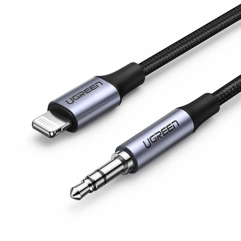 Black Apple Lightning to 3.5mm audio cable with braided TPE coating and aluminium connectors for car use.