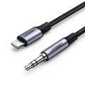 Black Apple Lightning to 3.5mm audio cable with braided TPE coating and aluminium connectors for car use.