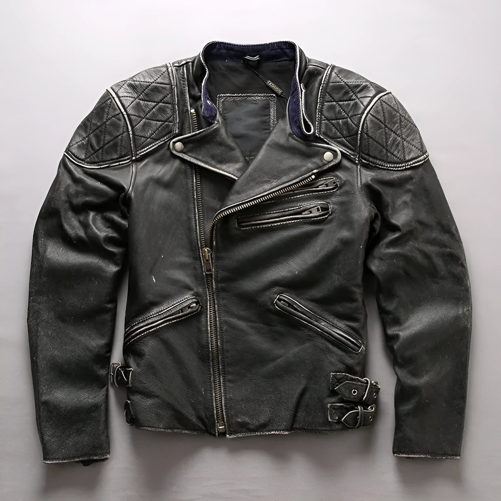 Men's distressed black cropped slim standing collar leather jacket with top layer cowhide