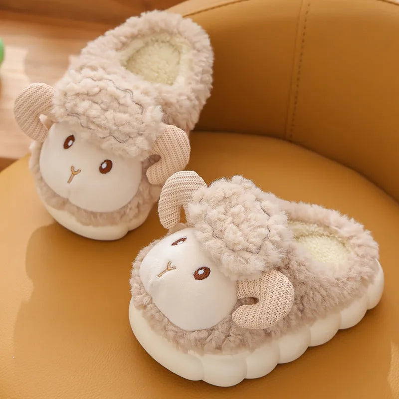 Children's cotton slippers with plush upper in pink, beige, and khaki, PVC sole, indoor use
