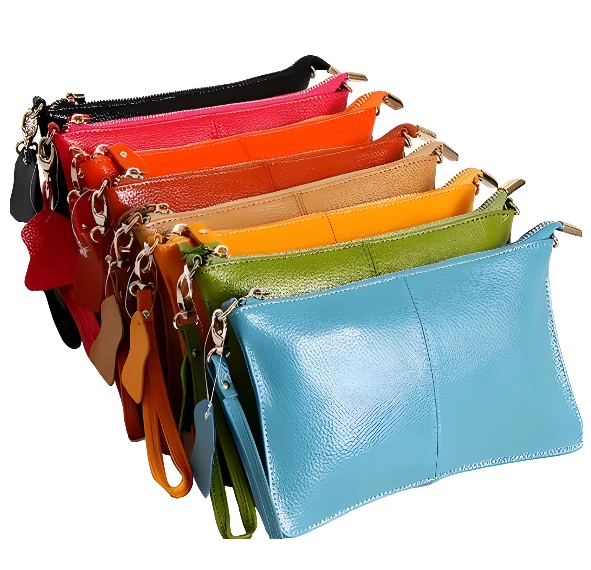 A cowhide lady slant bag in a chosen colour, showing hand and shoulder straps, with dimensions of 24 cm by 14 cm.
