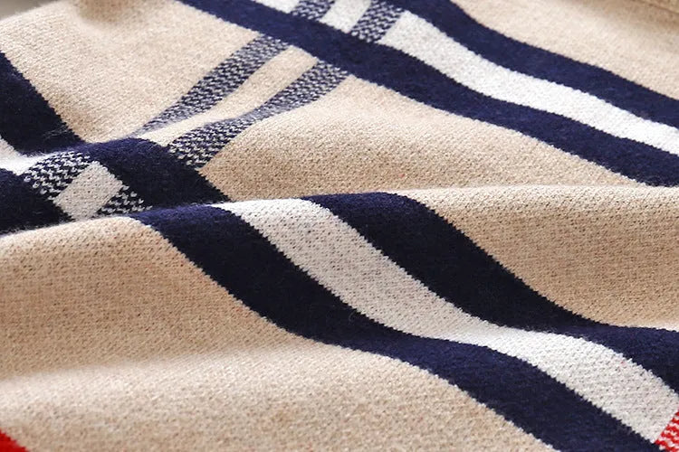 Boys apricot and navy blue plaid jacquard cotton blend long sleeve sweater