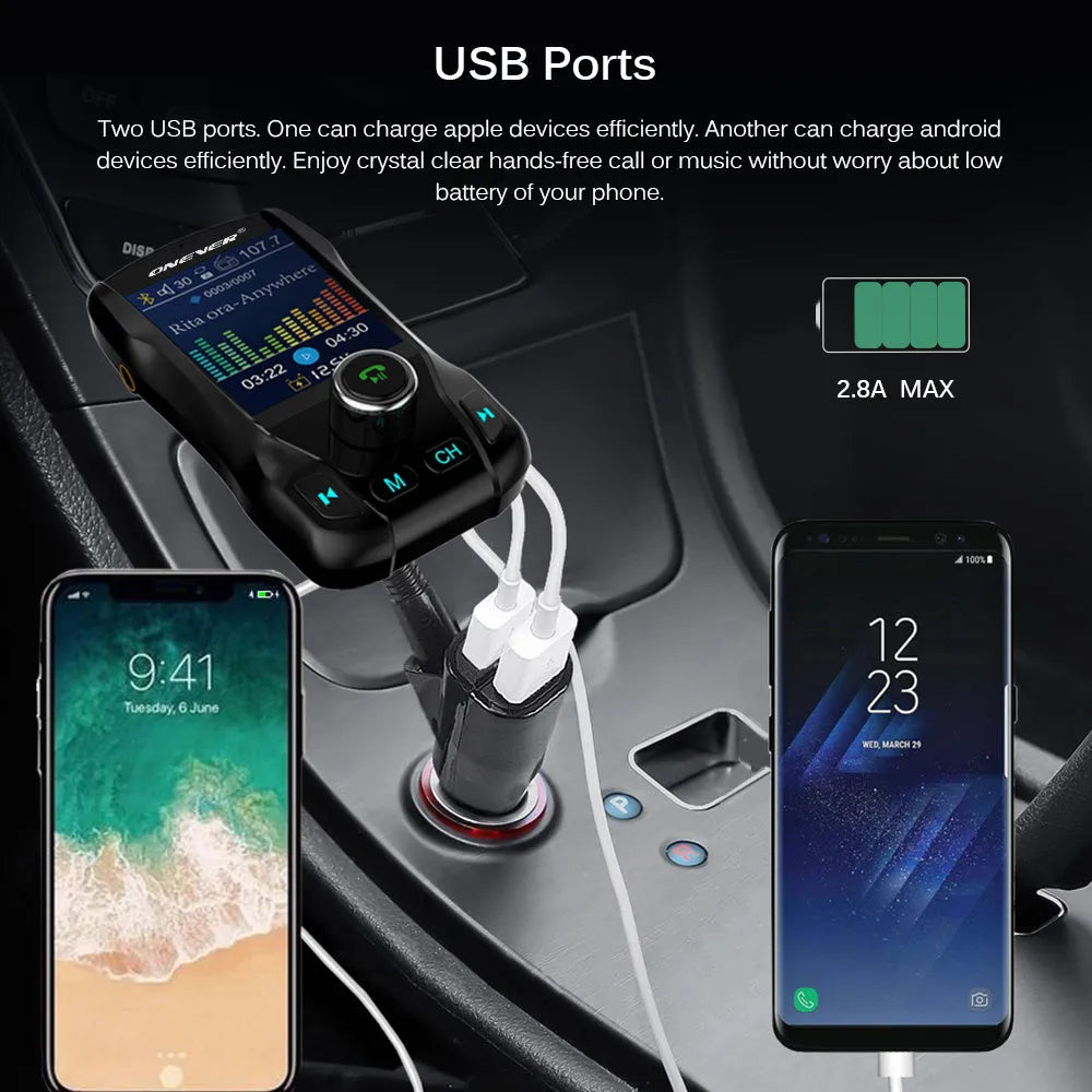 Black car FM transmitter with colour screen and flexible hose plugged into a vehicle power socket