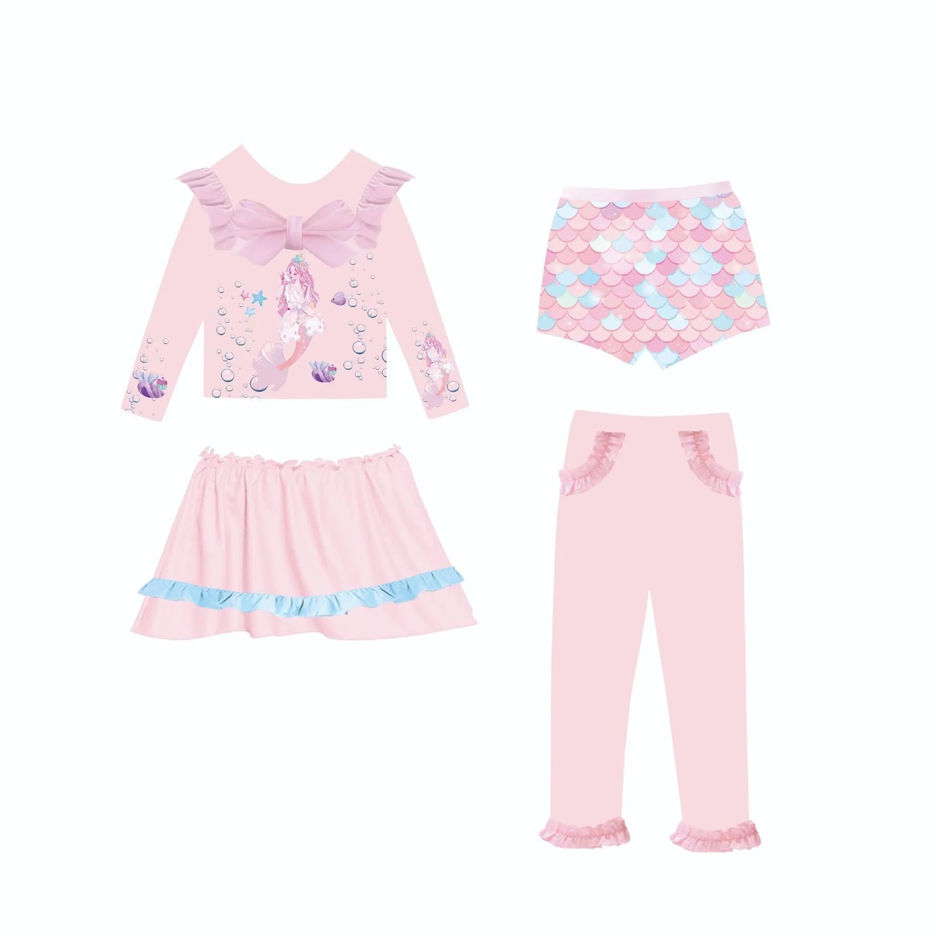 Girl's gilded colour mermaid swimsuit set with top, skirt, trousers and shorts