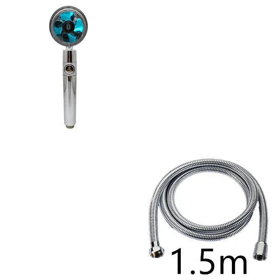 Blue handheld shower head with stop button and turbo nozzle on a chrome bracket.