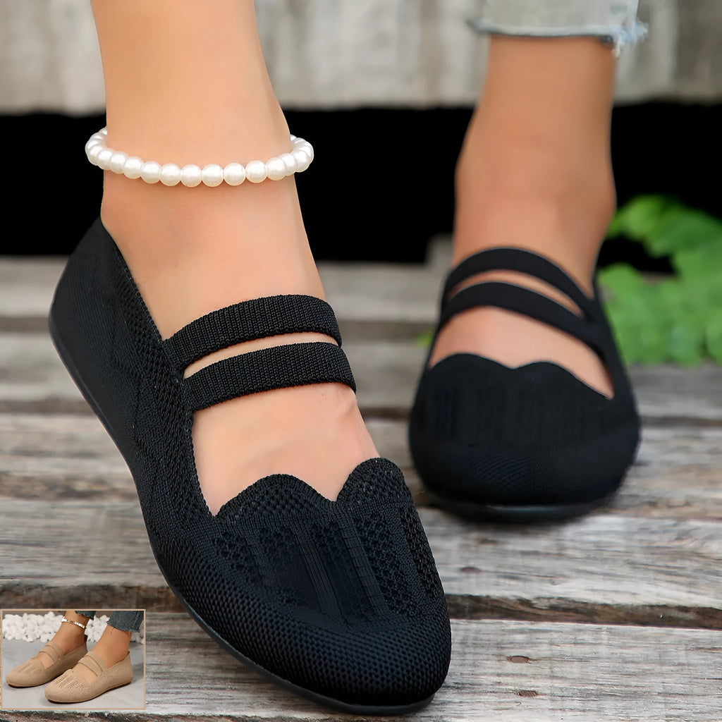 Women's casual mesh flats black low-cut round toe slip-on shoes with hollow detailing and rubber sole
