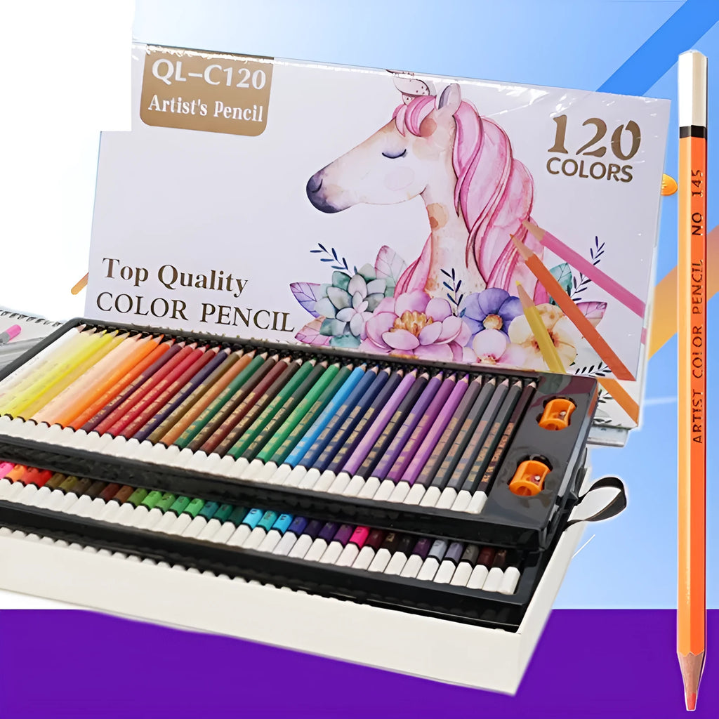 120 coloured pencils in a rosewood shell, showing a range of colours from red to purple