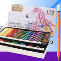120 coloured pencils in a rosewood shell, showing a range of colours from red to purple