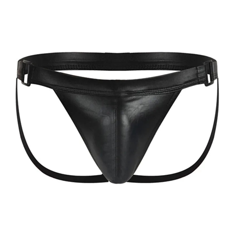 Men's low waist nylon underwear shorts with Double Ding hollow out U pouch and imitation leather detail, available in six colours.